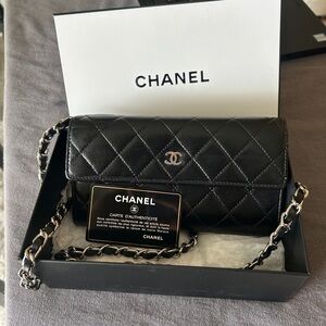 Authentic Chanel Burgundy Large wallet Lambskin with Chain.